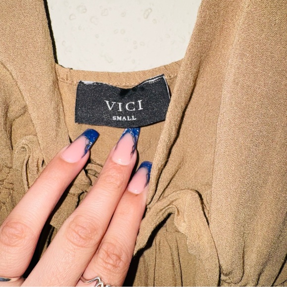 VICI Tie Sleeve Brown Keyhole Ruffle Bell Leg Jumpsuit - Picture 4 of 7